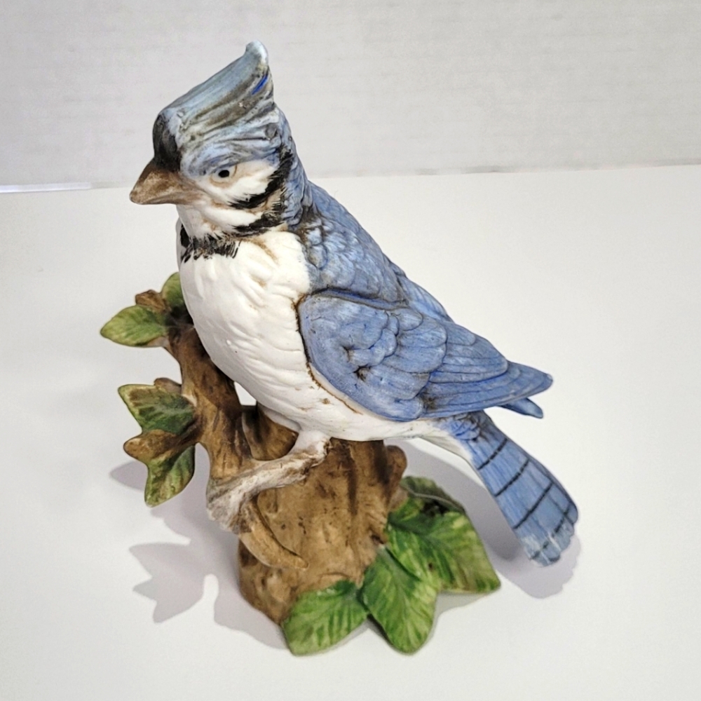 Beautiful Blue Jay Bird on Branch Painted Ceramic Bisque Vintage Statuette
